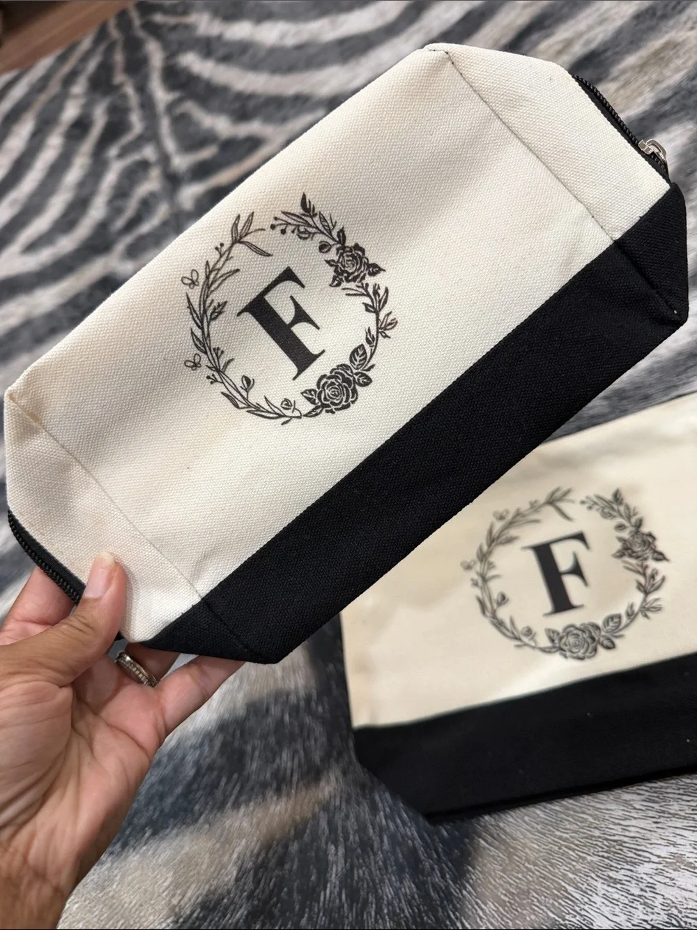 Initial F Monogram Canvas Cosmetic Pouch Set in Cream and Black